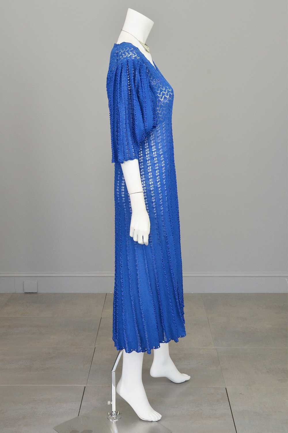 1970s Vibrant Blue Knit Crochet Dress Draping Ang… - image 8