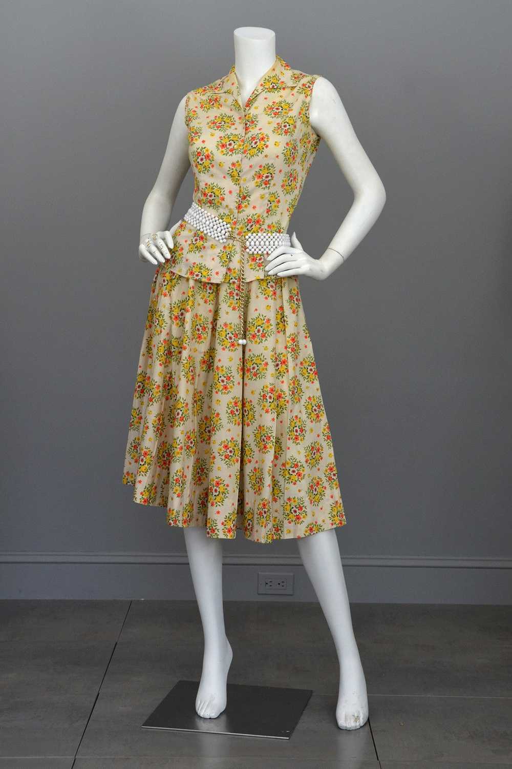 Vintage 1950's Cotton Yellow Rose Print Skirt and… - image 1