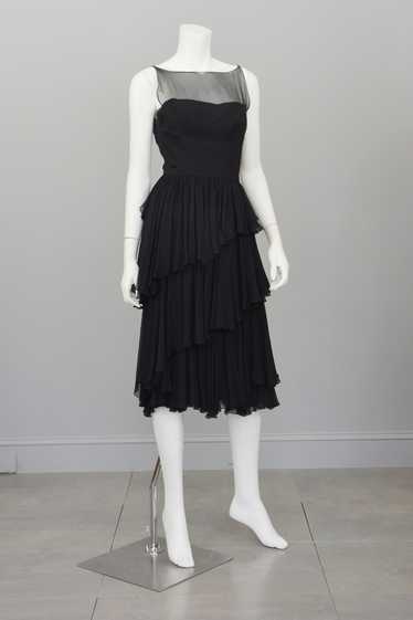 Vintage 1960s Black Chiffon Tiered Skirt Cocktail 