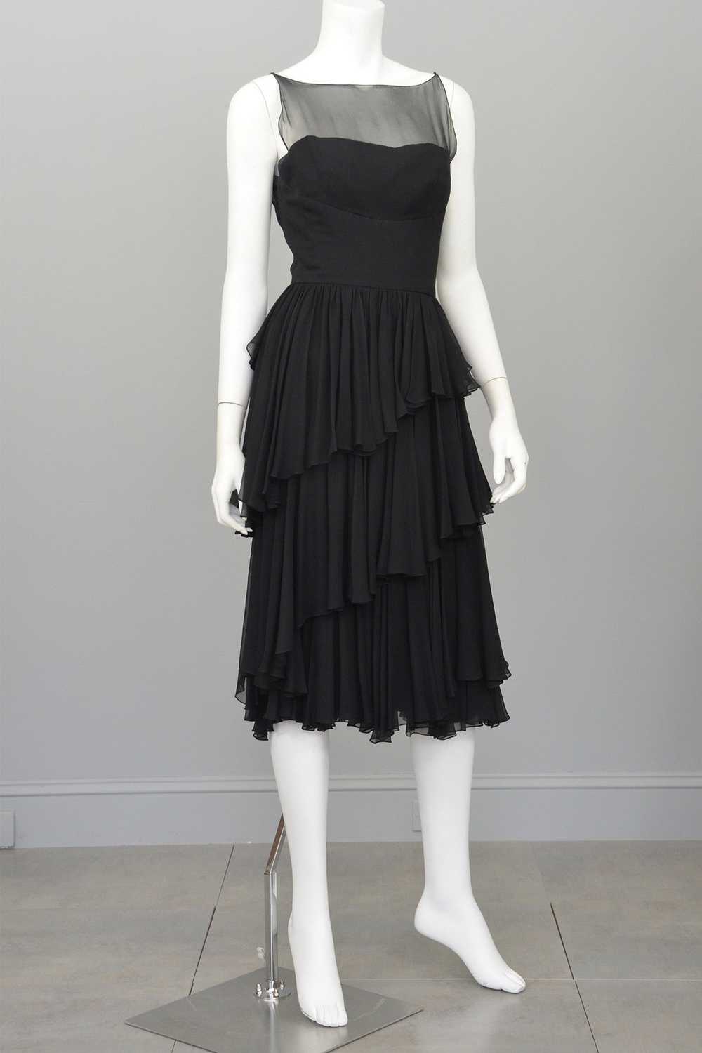 Vintage 1960s Black Chiffon Tiered Skirt Cocktail… - image 7