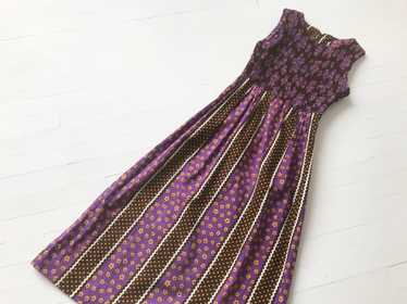 1970s Purple Floral + Polka Dot Print Maxi Dress - image 1