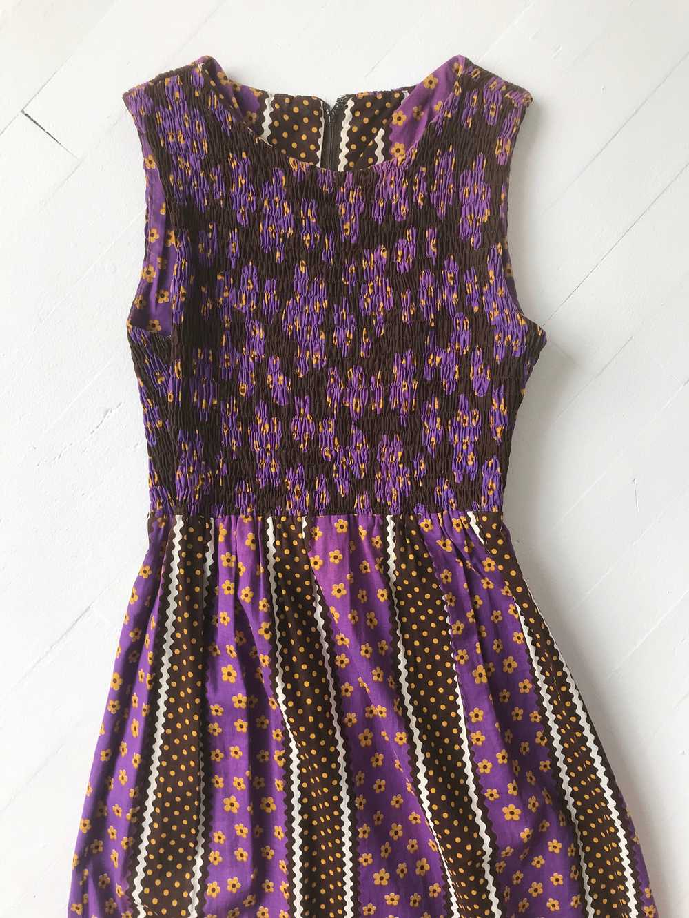 1970s Purple Floral + Polka Dot Print Maxi Dress - image 2