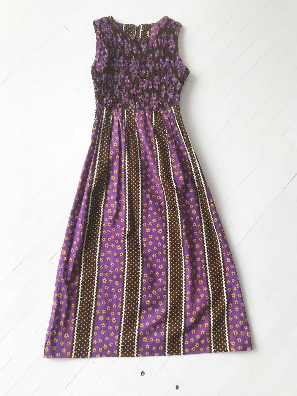 1970s Purple Floral + Polka Dot Print Maxi Dress - image 3
