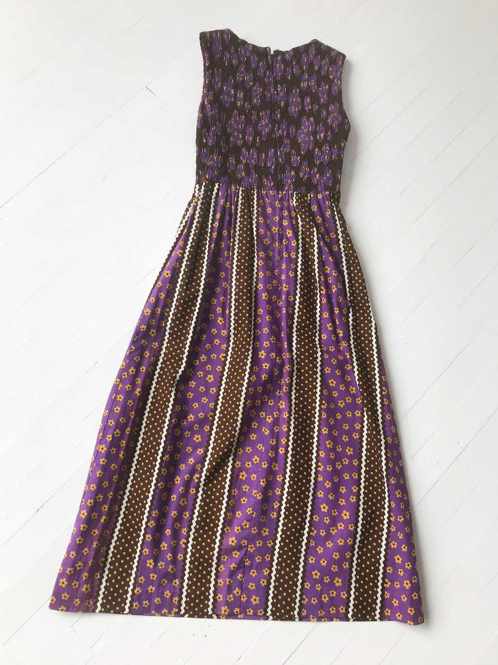 1970s Purple Floral + Polka Dot Print Maxi Dress - image 5