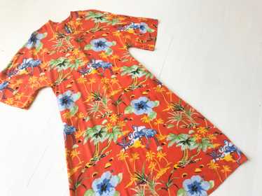 1970s Blood Orange Rayon Tropical Print Dress - image 1