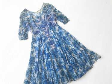 1950s Blue Silk Chiffon Floral Print Dress - image 1