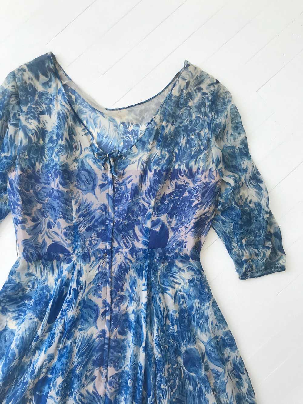 1950s Blue Silk Chiffon Floral Print Dress - image 2