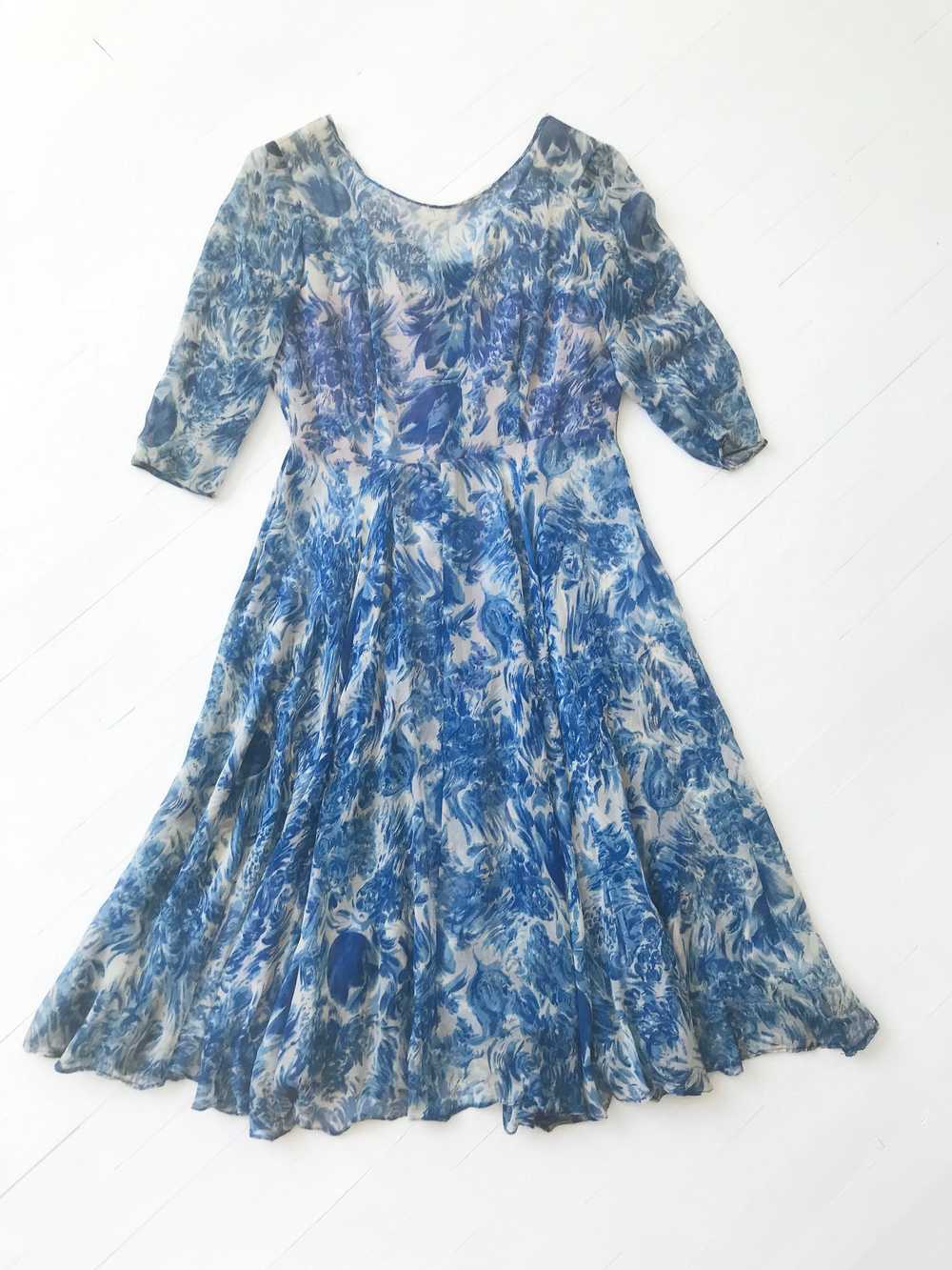 1950s Blue Silk Chiffon Floral Print Dress - image 3