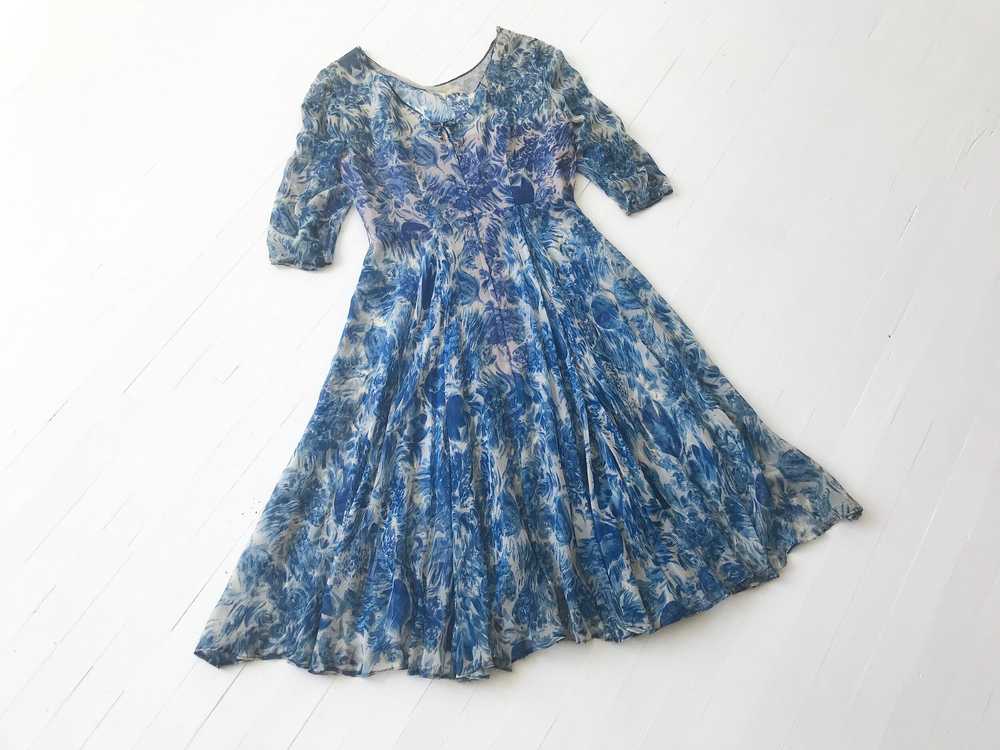 1950s Blue Silk Chiffon Floral Print Dress - image 7