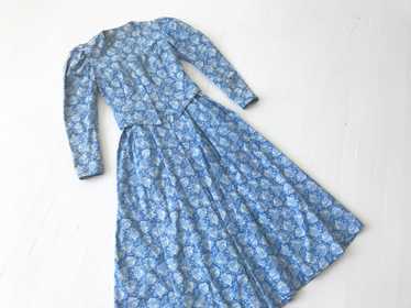 1980s Blue Rose Print Dress + Jacket Set - image 1