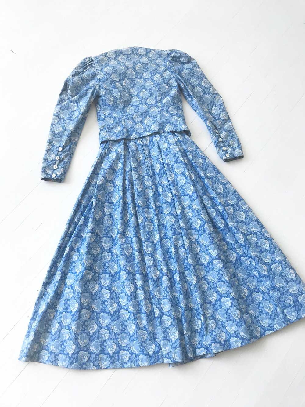 1980s Blue Rose Print Dress + Jacket Set - image 5