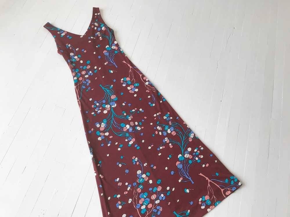 1970s Burgundy Botanical Print Dress with Matchin… - image 1