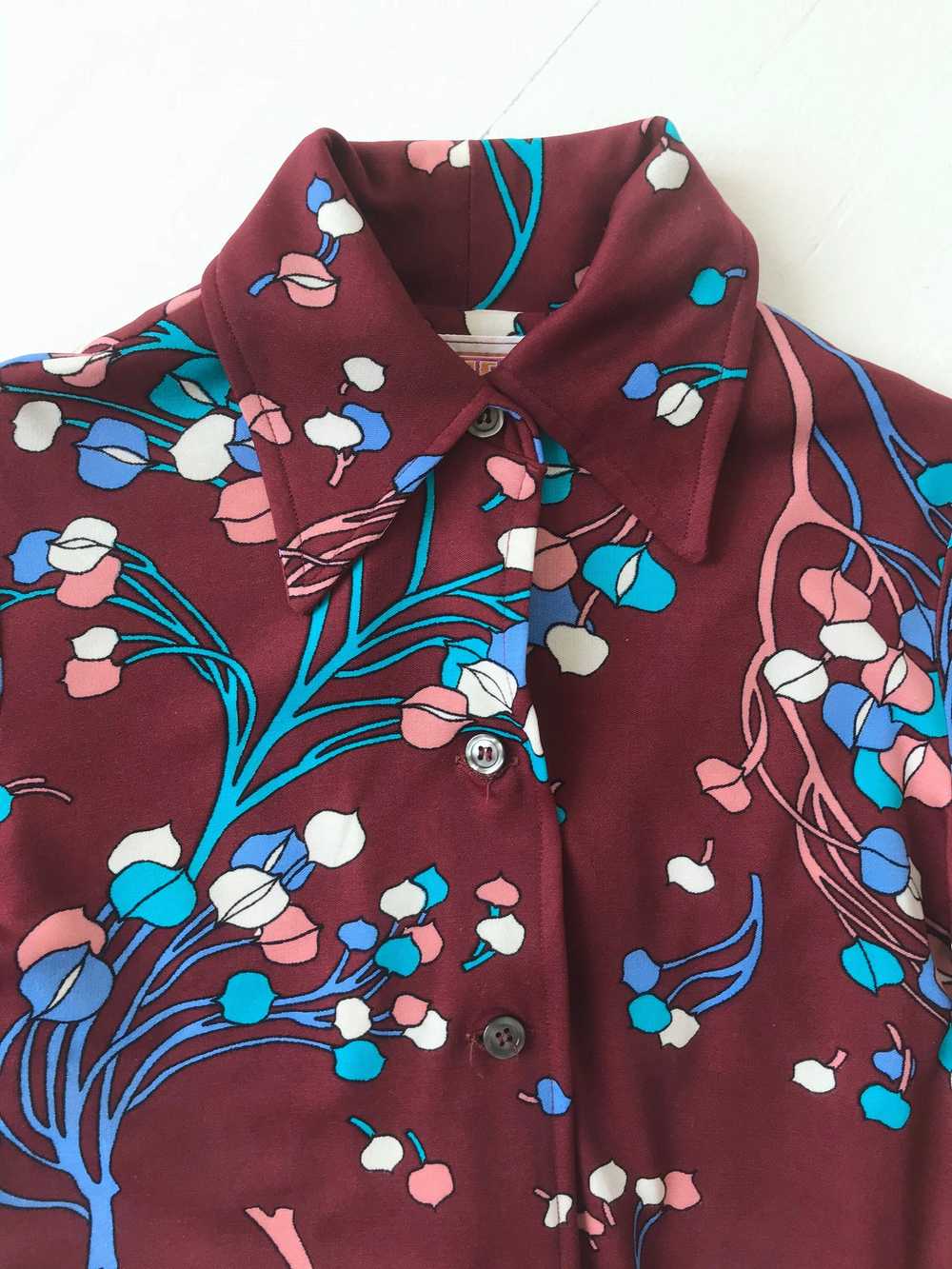 1970s Burgundy Botanical Print Dress with Matchin… - image 2