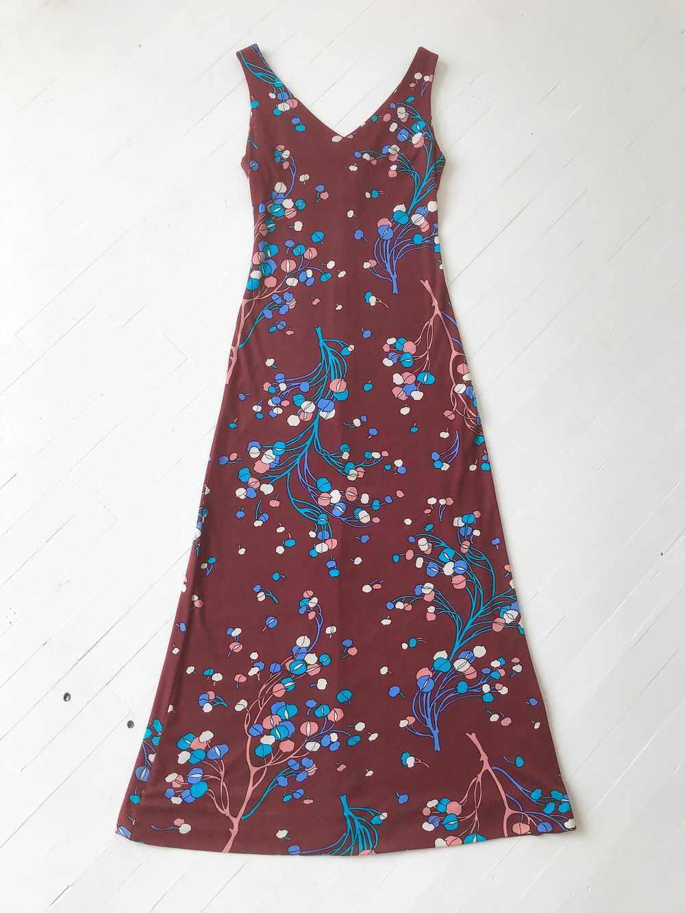 1970s Burgundy Botanical Print Dress with Matchin… - image 4