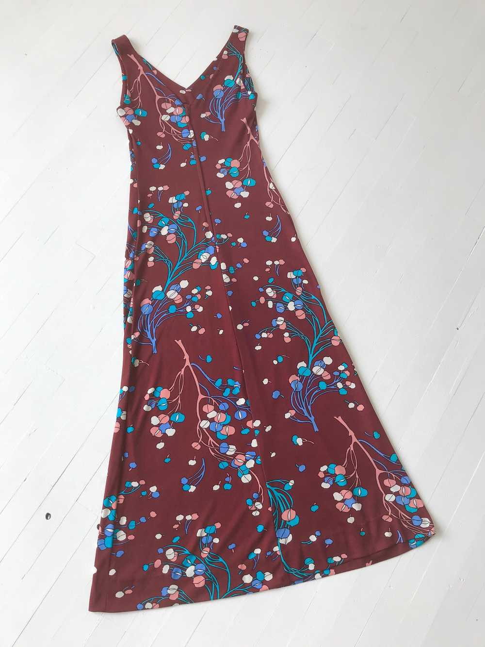 1970s Burgundy Botanical Print Dress with Matchin… - image 7