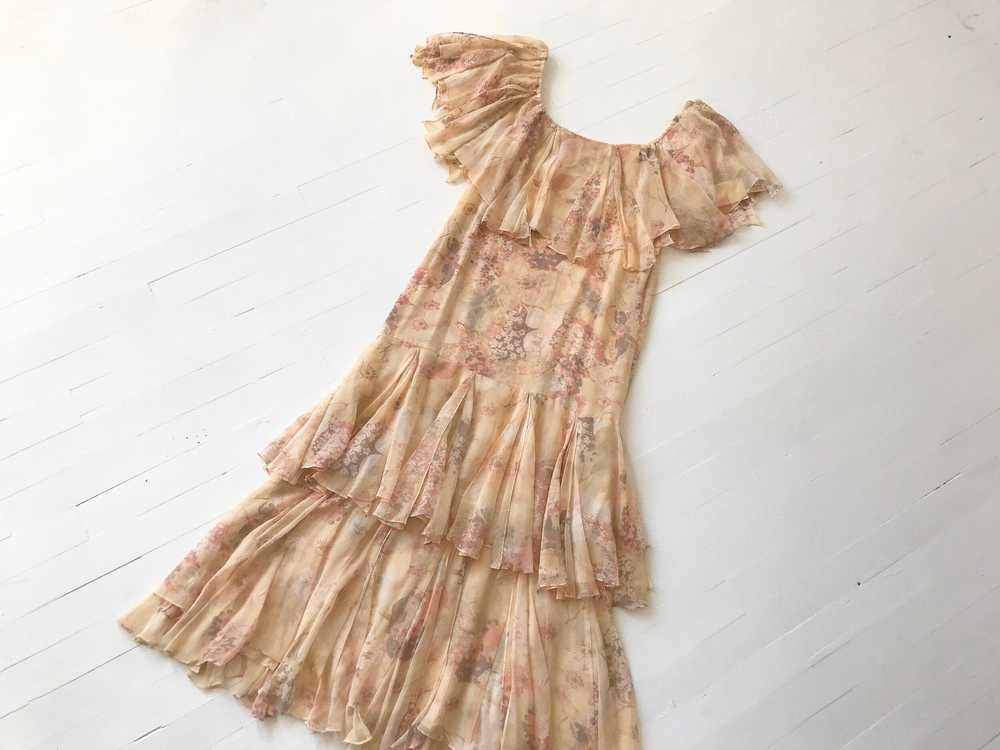 1970s-Does-1920s Silk Chiffon Floral Ruffled Dress - image 10