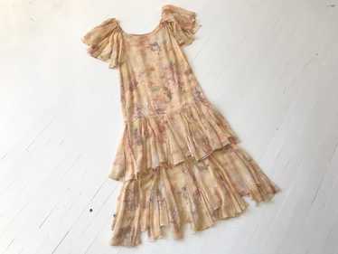 1970s-Does-1920s Silk Chiffon Floral Ruffled Dress - image 1