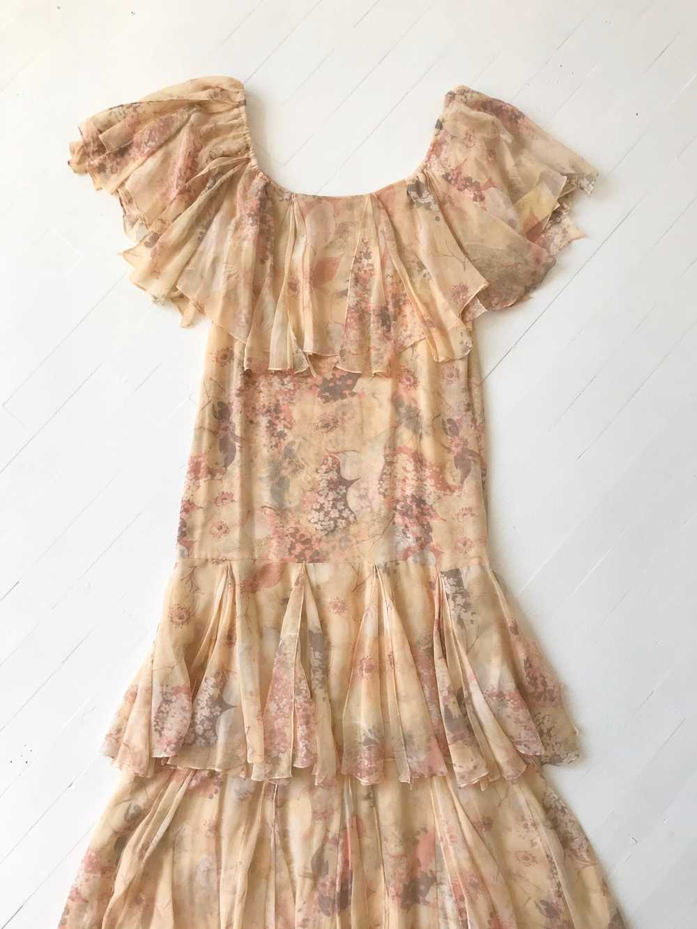 1970s-Does-1920s Silk Chiffon Floral Ruffled Dress - image 3