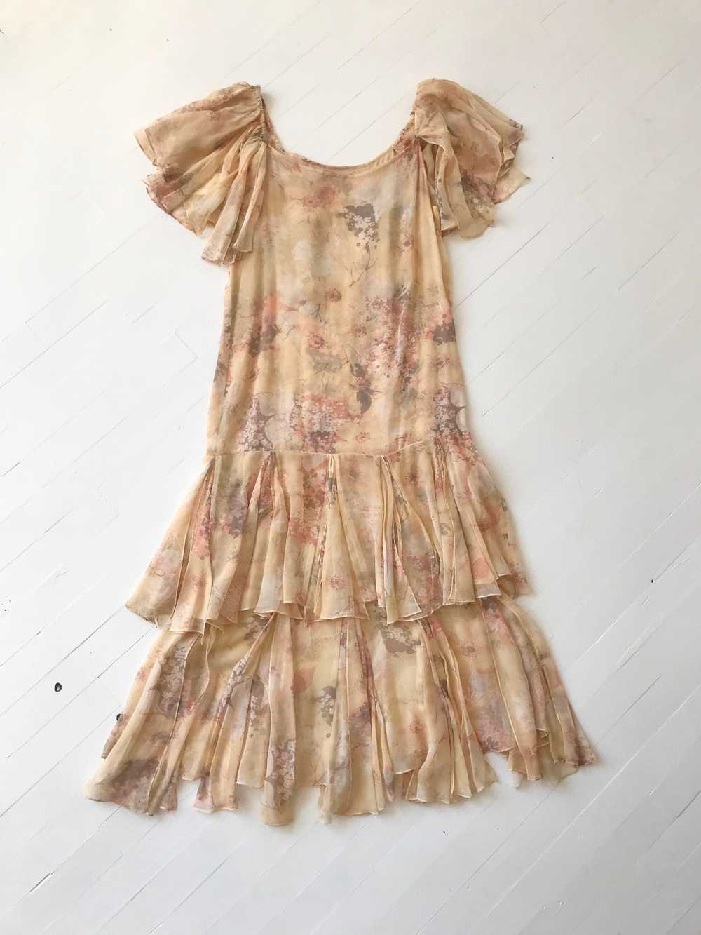 1970s-Does-1920s Silk Chiffon Floral Ruffled Dress - image 4
