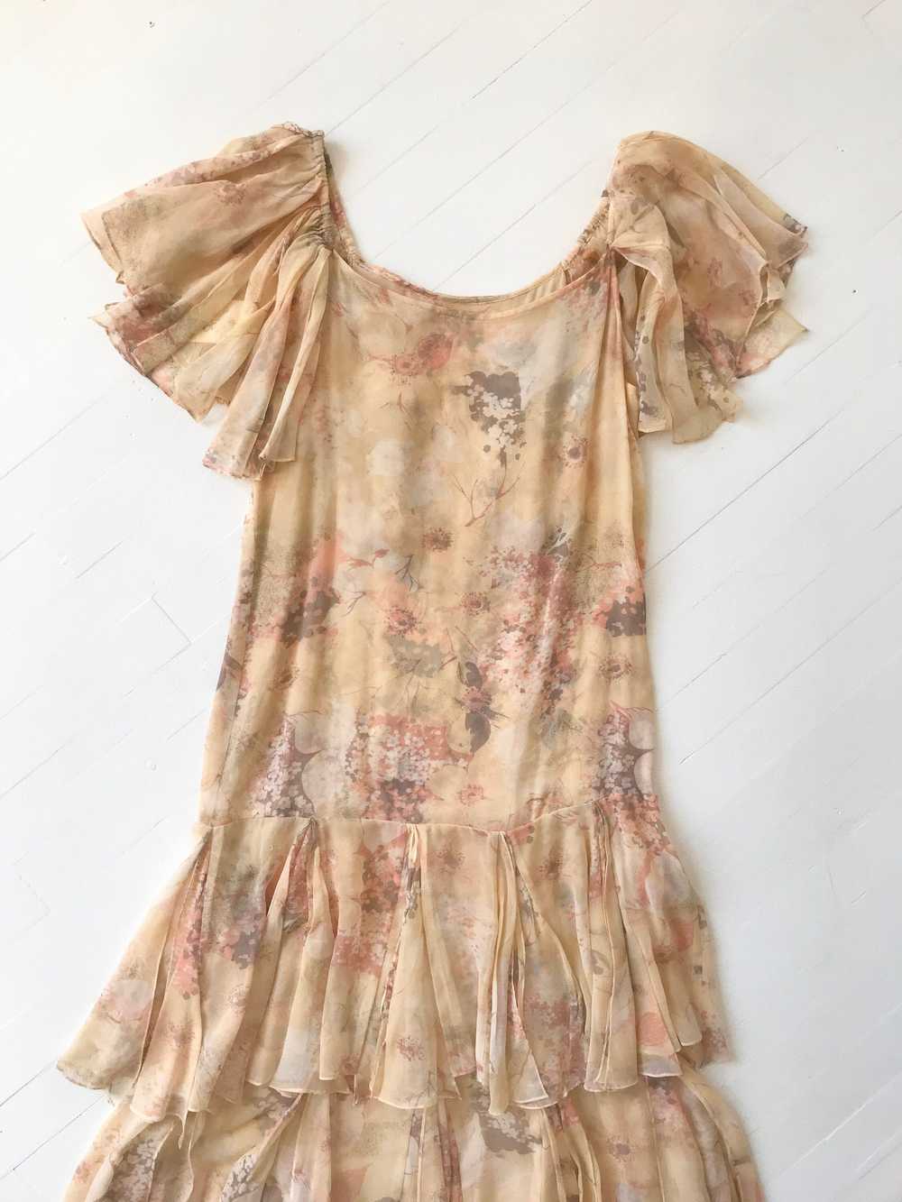 1970s-Does-1920s Silk Chiffon Floral Ruffled Dress - image 7