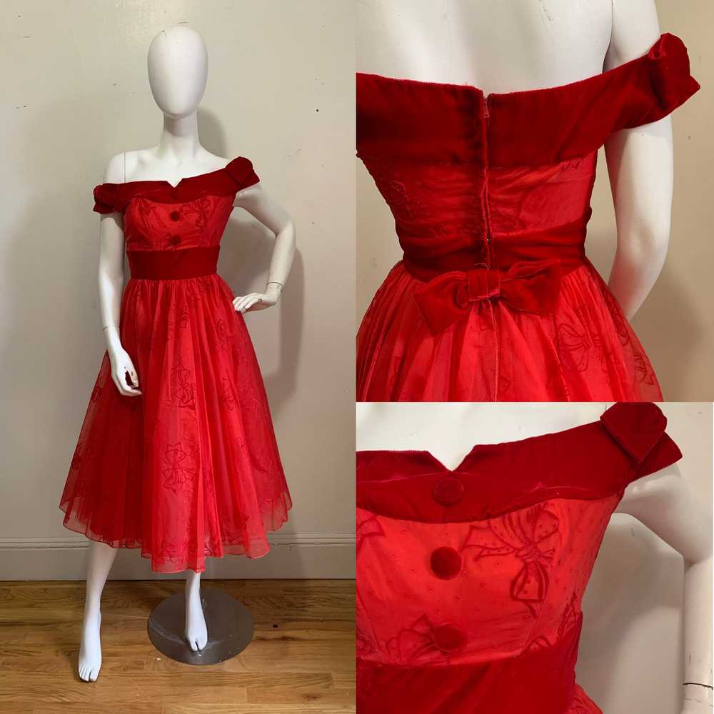 Emma Domb 1950s Red Flocked Bow Party Dress - image 3