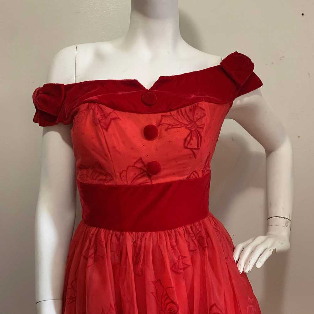 Emma Domb 1950s Red Flocked Bow Party Dress - image 4