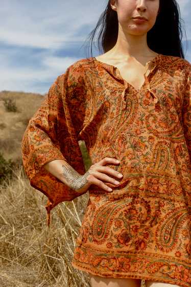 Burnt Orange 1970s Handwoven Indian Block Print Tu