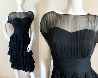 1950s Black Silk Chiffon Sweetheart Illusion Dress - image 1