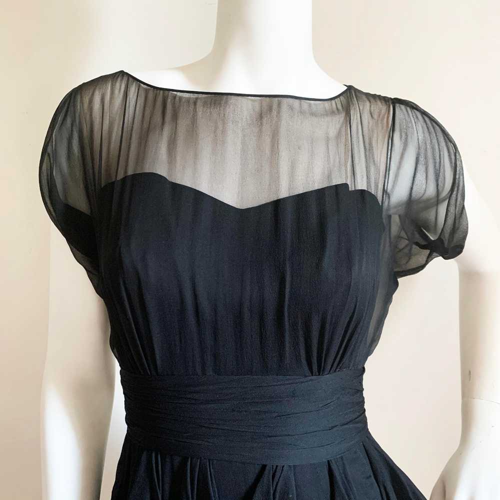 1950s Black Silk Chiffon Sweetheart Illusion Dress - image 2