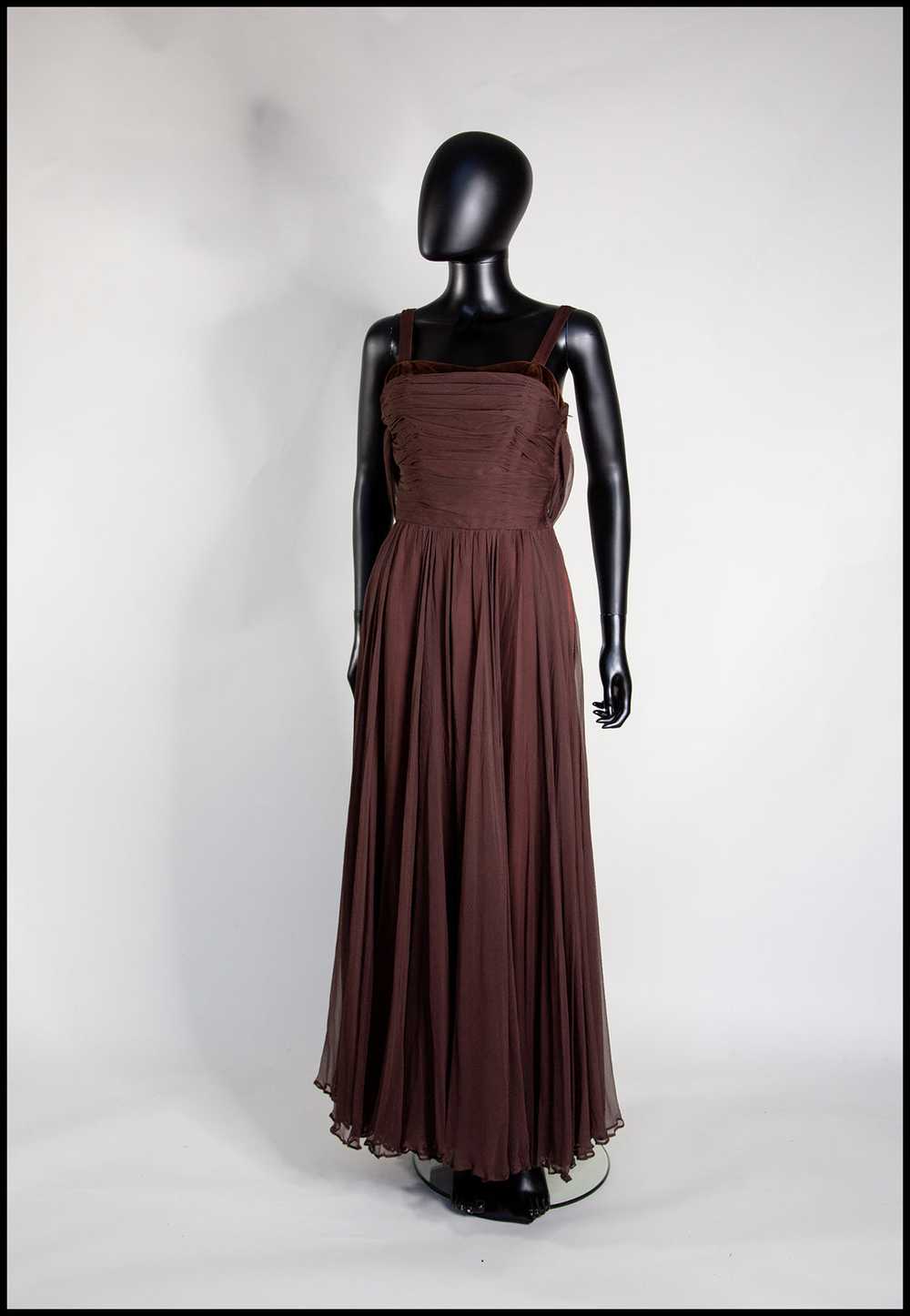 Vintage 1950s Dark Brown Silk Chiffon Maxi Dress - image 2