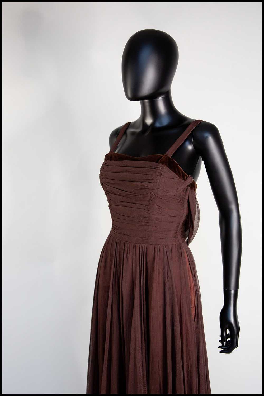 Vintage 1950s Dark Brown Silk Chiffon Maxi Dress - image 3
