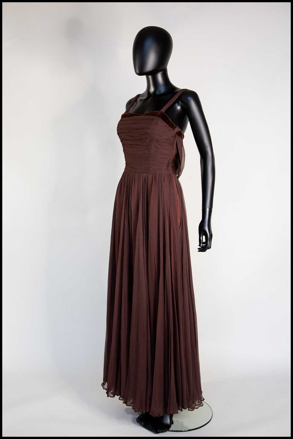 Vintage 1950s Dark Brown Silk Chiffon Maxi Dress - image 4