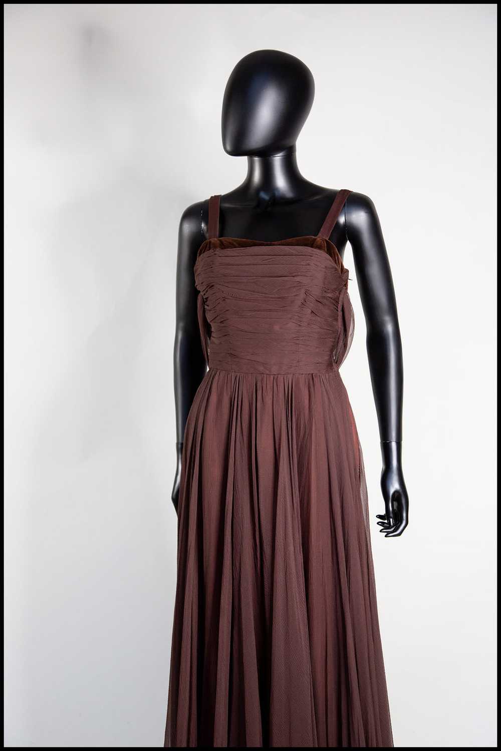 Vintage 1950s Dark Brown Silk Chiffon Maxi Dress - image 5