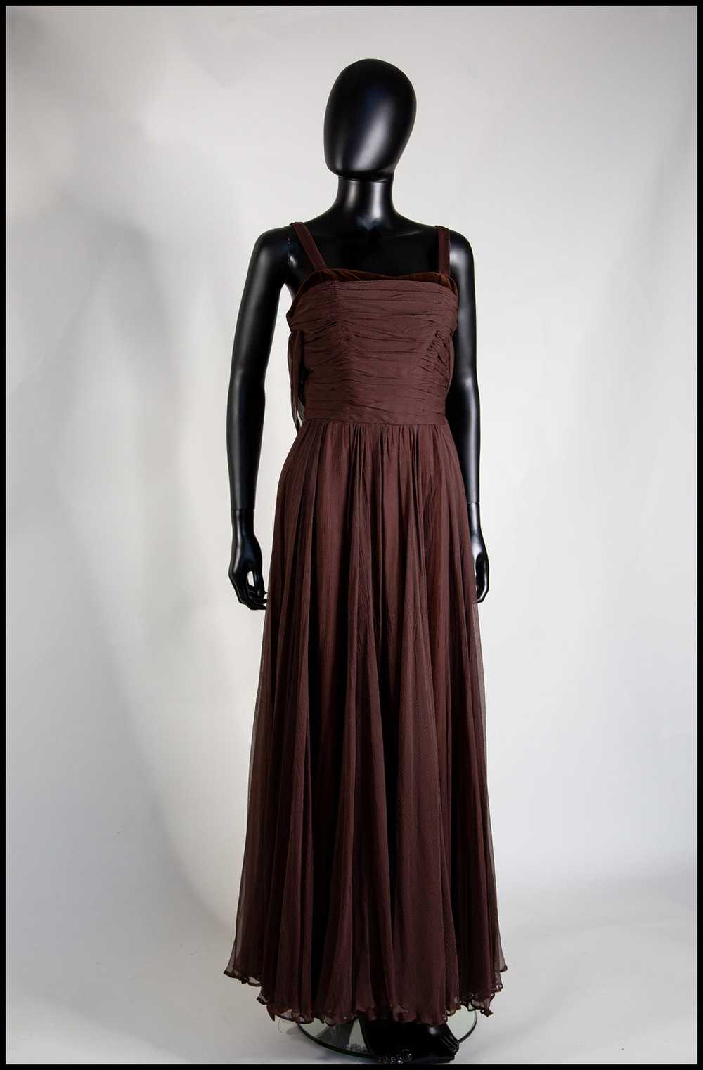 Vintage 1950s Dark Brown Silk Chiffon Maxi Dress - image 6