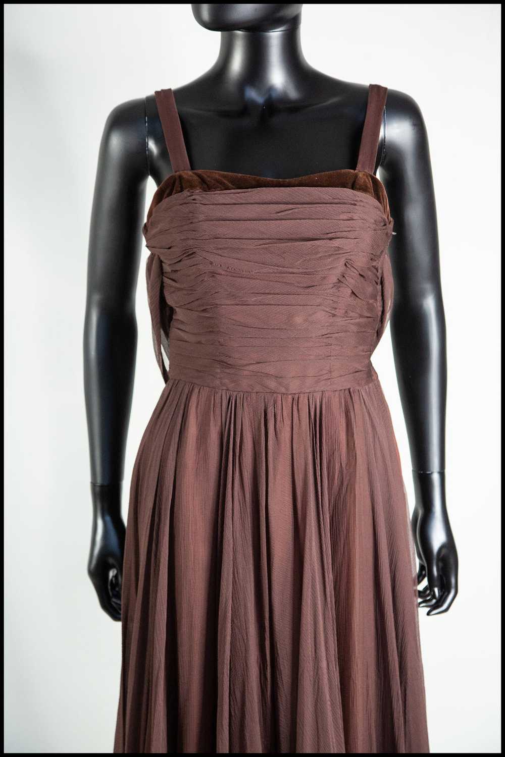 Vintage 1950s Dark Brown Silk Chiffon Maxi Dress - image 7