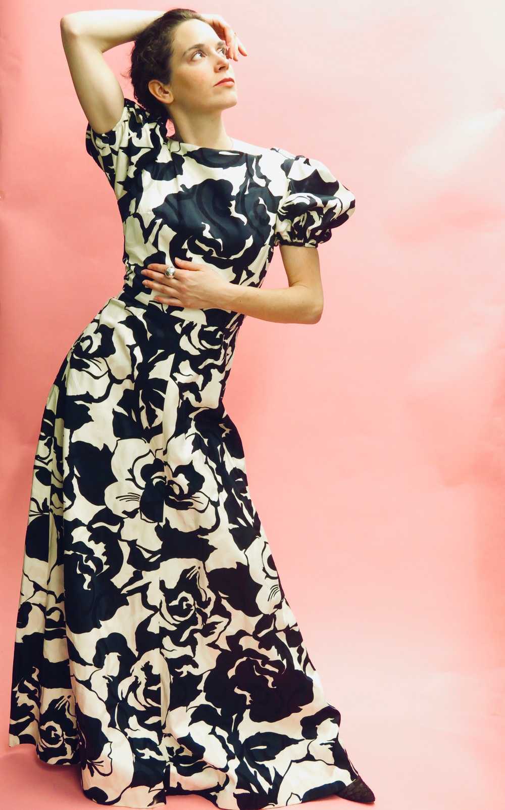 Floral Jacquard Short Puff Sleeve Gown - image 1