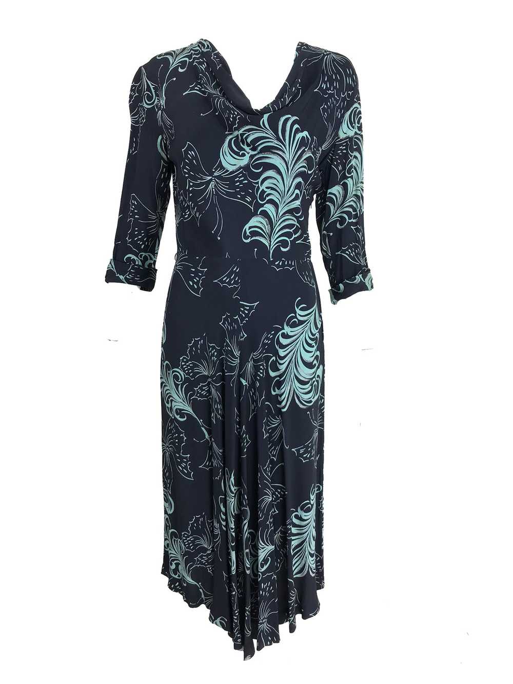1940s Plume and Butterfly Rayon Print Day Dress - image 1