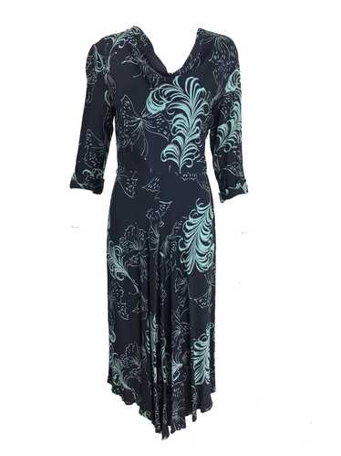 1940s Plume and Butterfly Rayon Print Day Dress - image 1