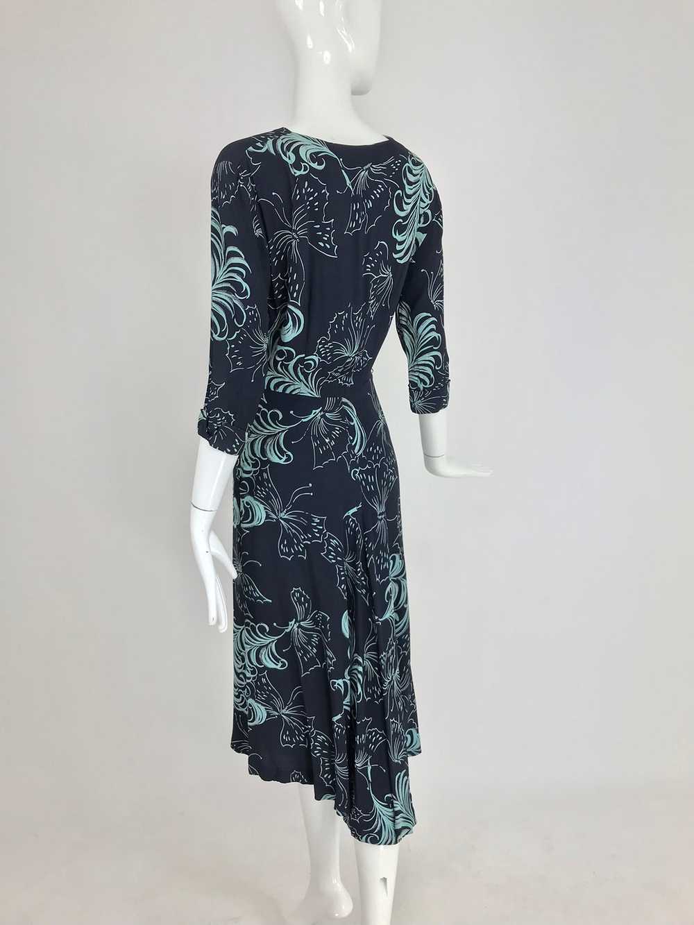 1940s Plume and Butterfly Rayon Print Day Dress - image 6