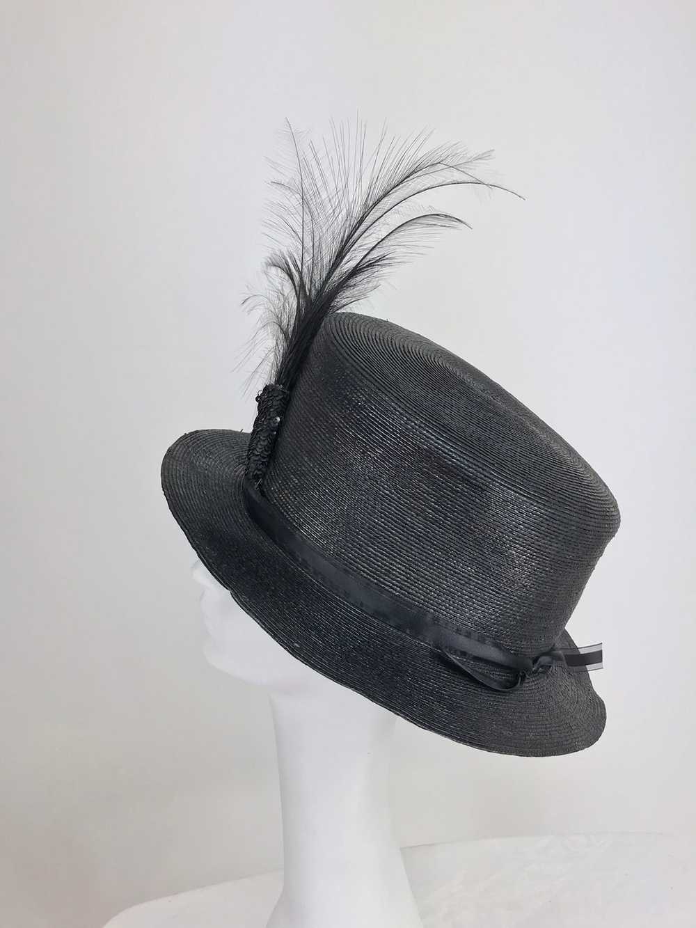 Edwardian Glazed black straw hat with Bird of Par… - image 10