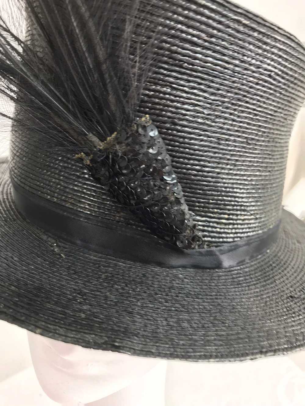 Edwardian Glazed black straw hat with Bird of Par… - image 12