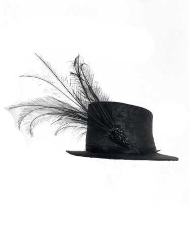 Edwardian Glazed black straw hat with Bird of Par… - image 1