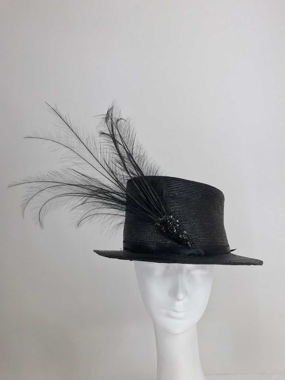 Edwardian Glazed black straw hat with Bird of Par… - image 2