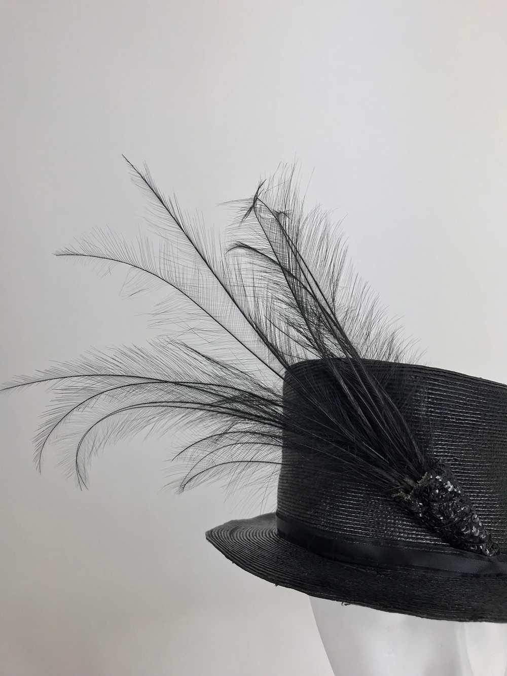 Edwardian Glazed black straw hat with Bird of Par… - image 3