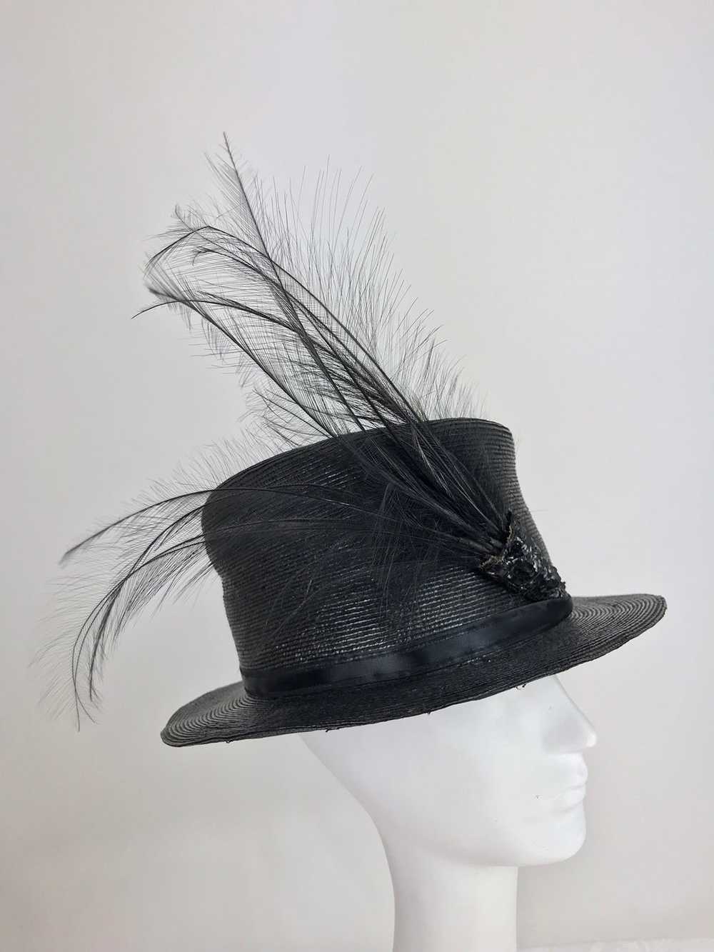 Edwardian Glazed black straw hat with Bird of Par… - image 4