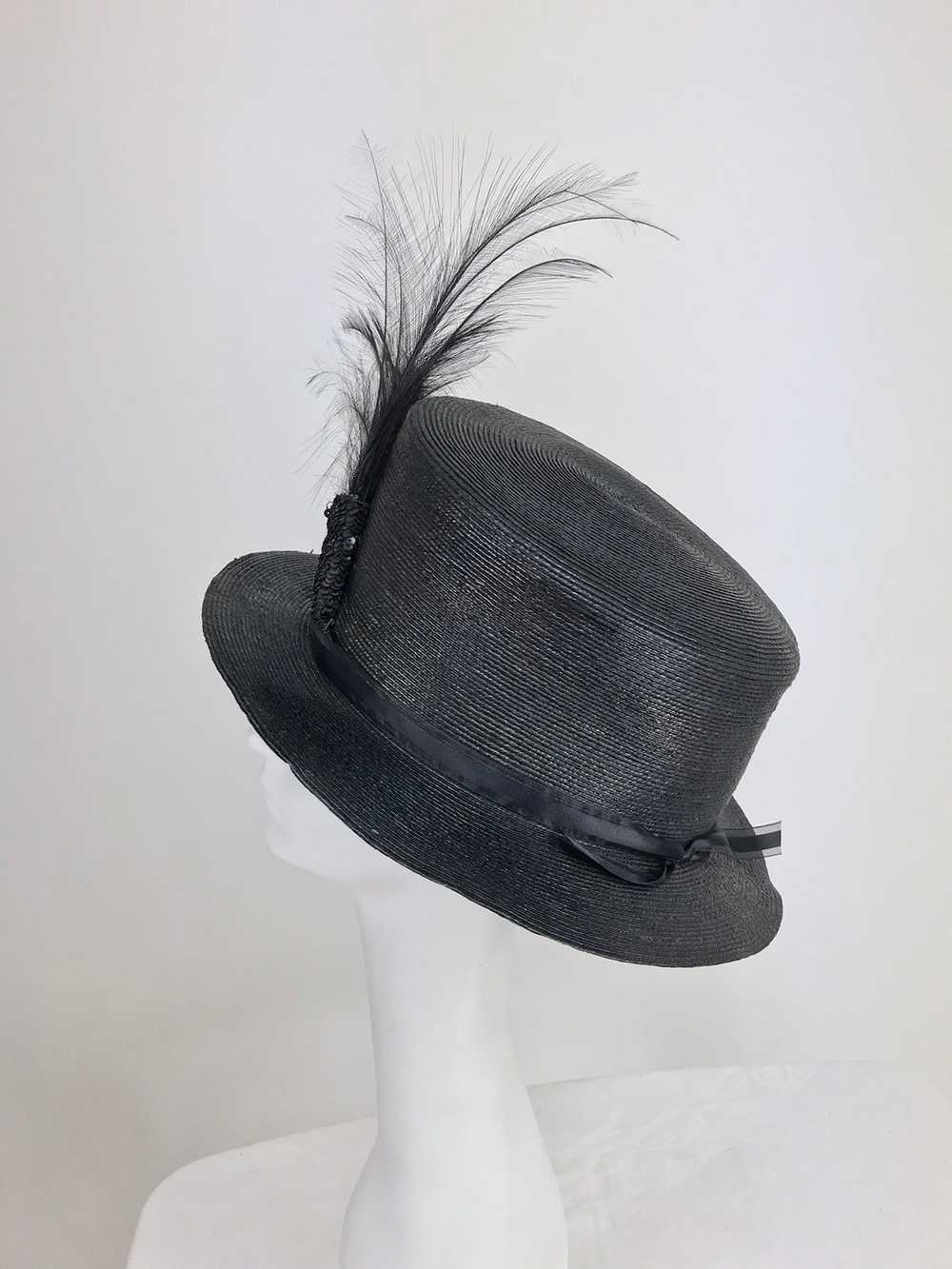 Edwardian Glazed black straw hat with Bird of Par… - image 9