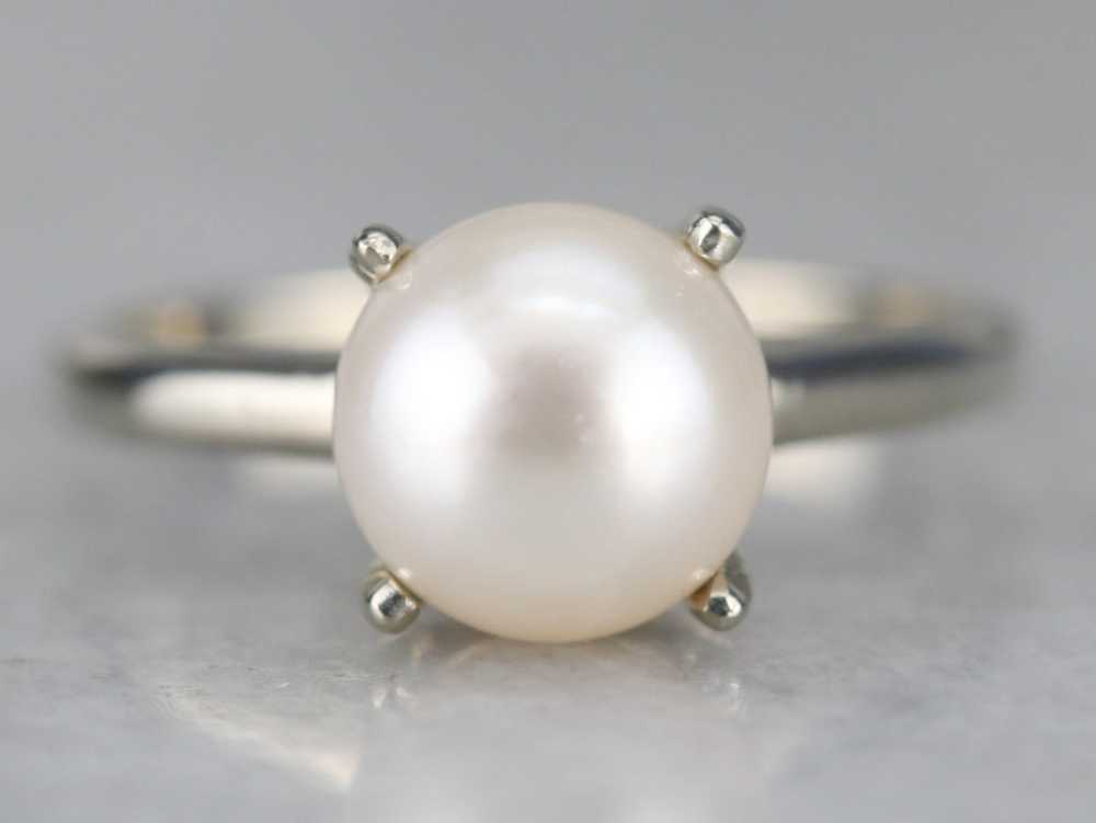 White Gold White Pearl Solitaire Ring - image 1