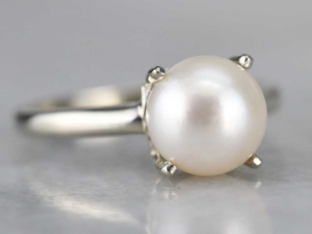 White Gold White Pearl Solitaire Ring - image 2