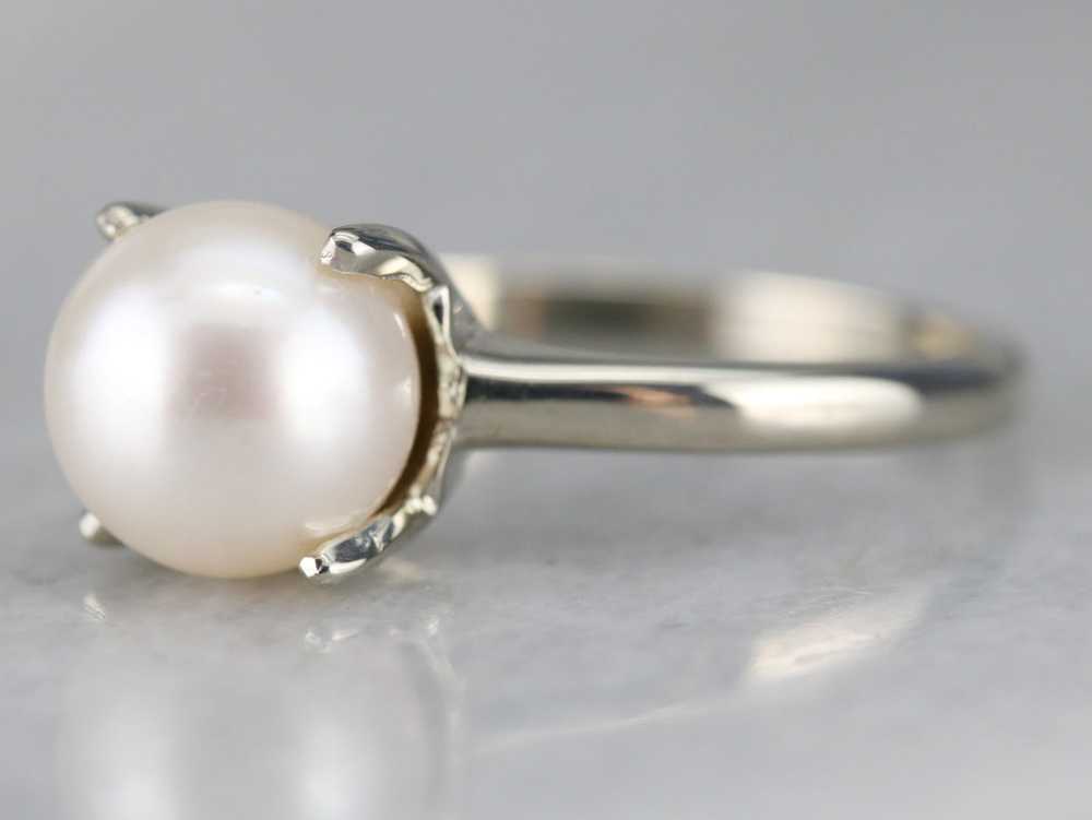 White Gold White Pearl Solitaire Ring - image 3