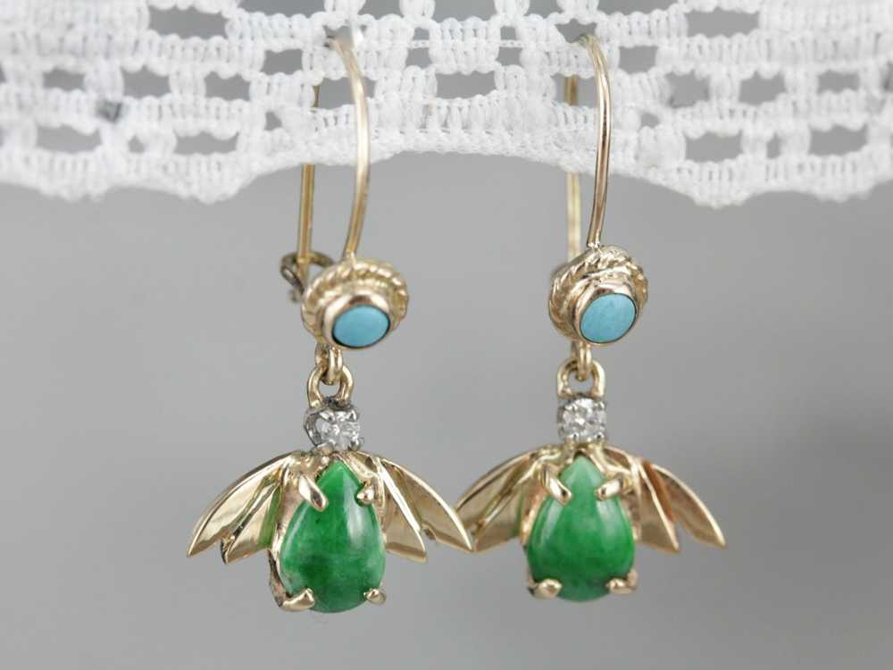 Vintage Jade Diamond and Turquoise Drop Earrings - image 5